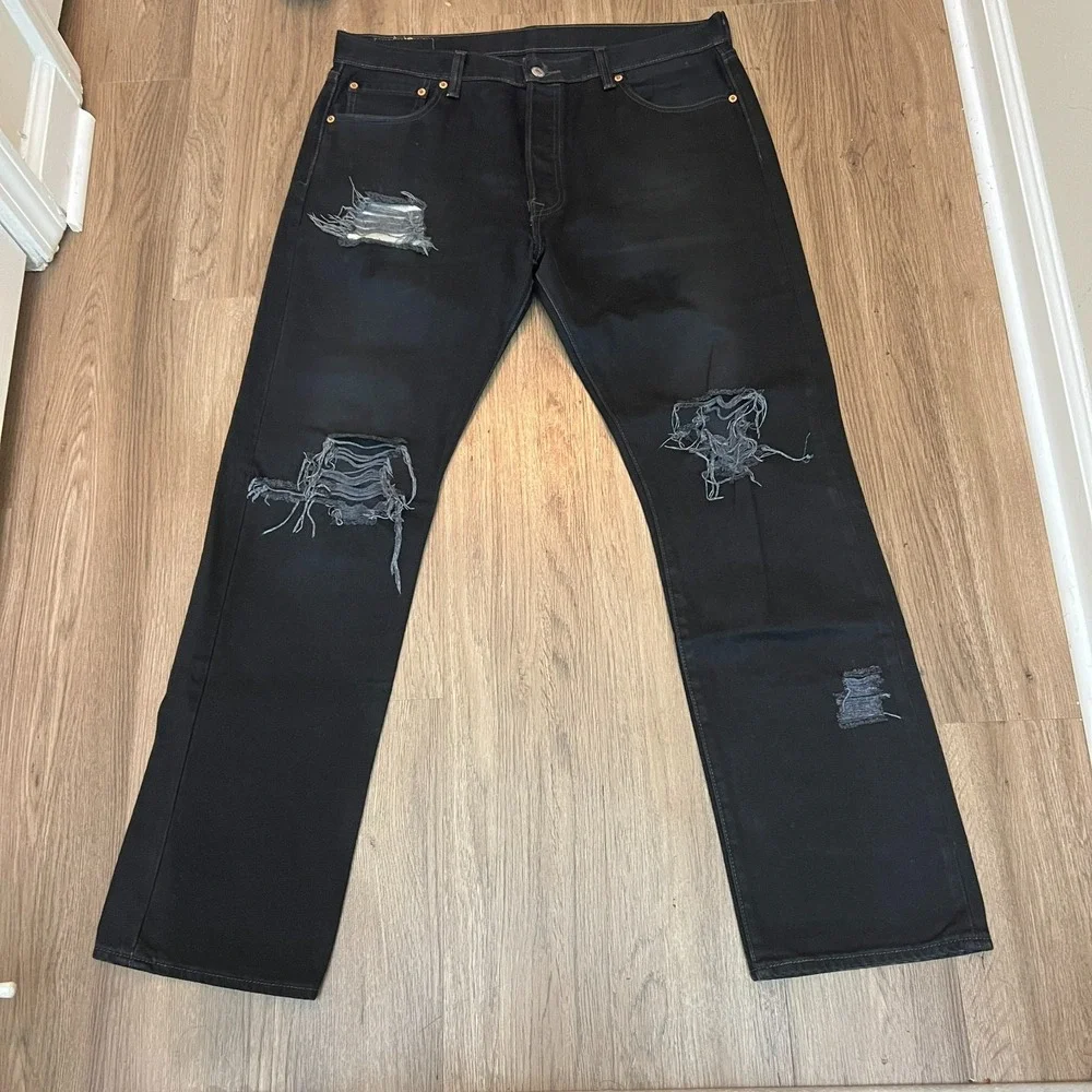 Levi's 501 Jeans 36 Black Button Fly Ripped Straight Leg Grunge Skater Y2K